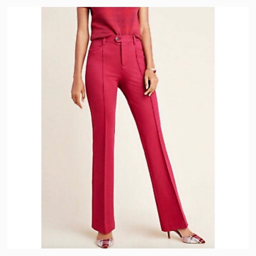 Anthropologie Essential Flared Trouser Dress Pant Raspberry Stretch Pintuck US 4